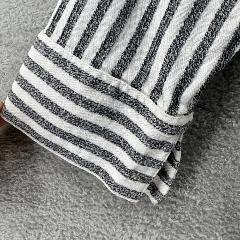 Soft Surroundings Top M Gray White Striped Button Up Tunic Asymmetrical Hem - Picture 9 of 14